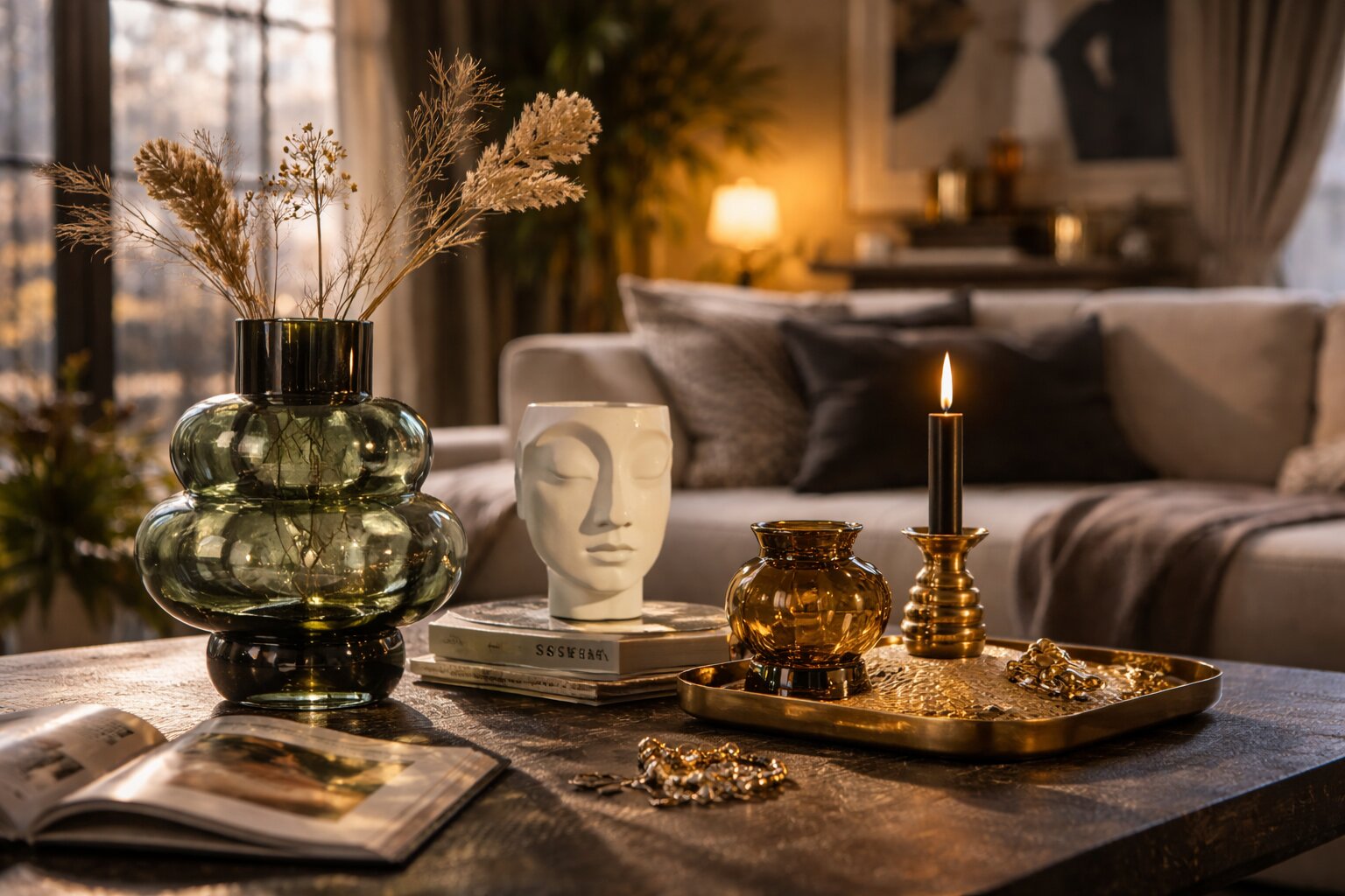 статуэтка в композиции с книгами и декором — крупный план